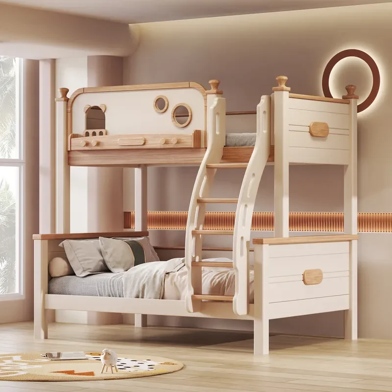 Cherry Wood Solid Bunk Bed Double Layer High Low Children Beds Mother Child Bedroom Furniture Non Interfering Design