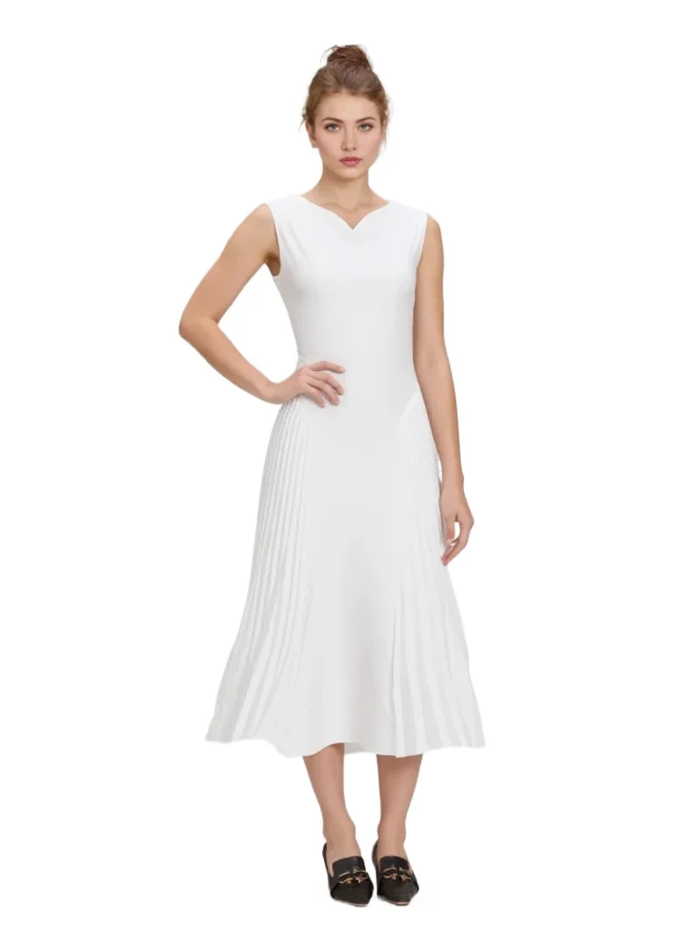 

Elegant V-neck Sleeveless Pleated Long Dress White