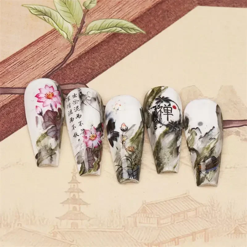 1~20PCS Chinese Characters Nail Stickers Watercolor Flowers Bamboo Leaf Sliders Moutain Crane Birds Decals Letters Manicure