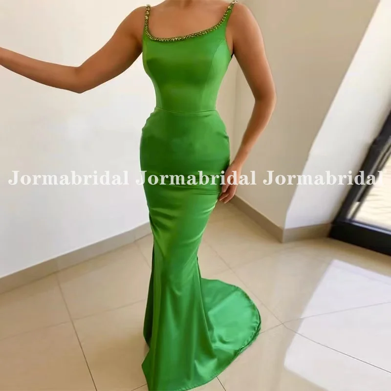 

Lime Green Satin Mermaid Prom Dresses with Beads Square Neck Spaghetti Strap Bodycon Women Fashion Evening Gown Club Party Dress