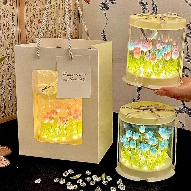 

DIY Tulip Lamp Simulation Flower Sea Cake Box Bedroom Sleeping Table Lamp Handmade Craft Decor Tulips Night Lights Birthday Gift