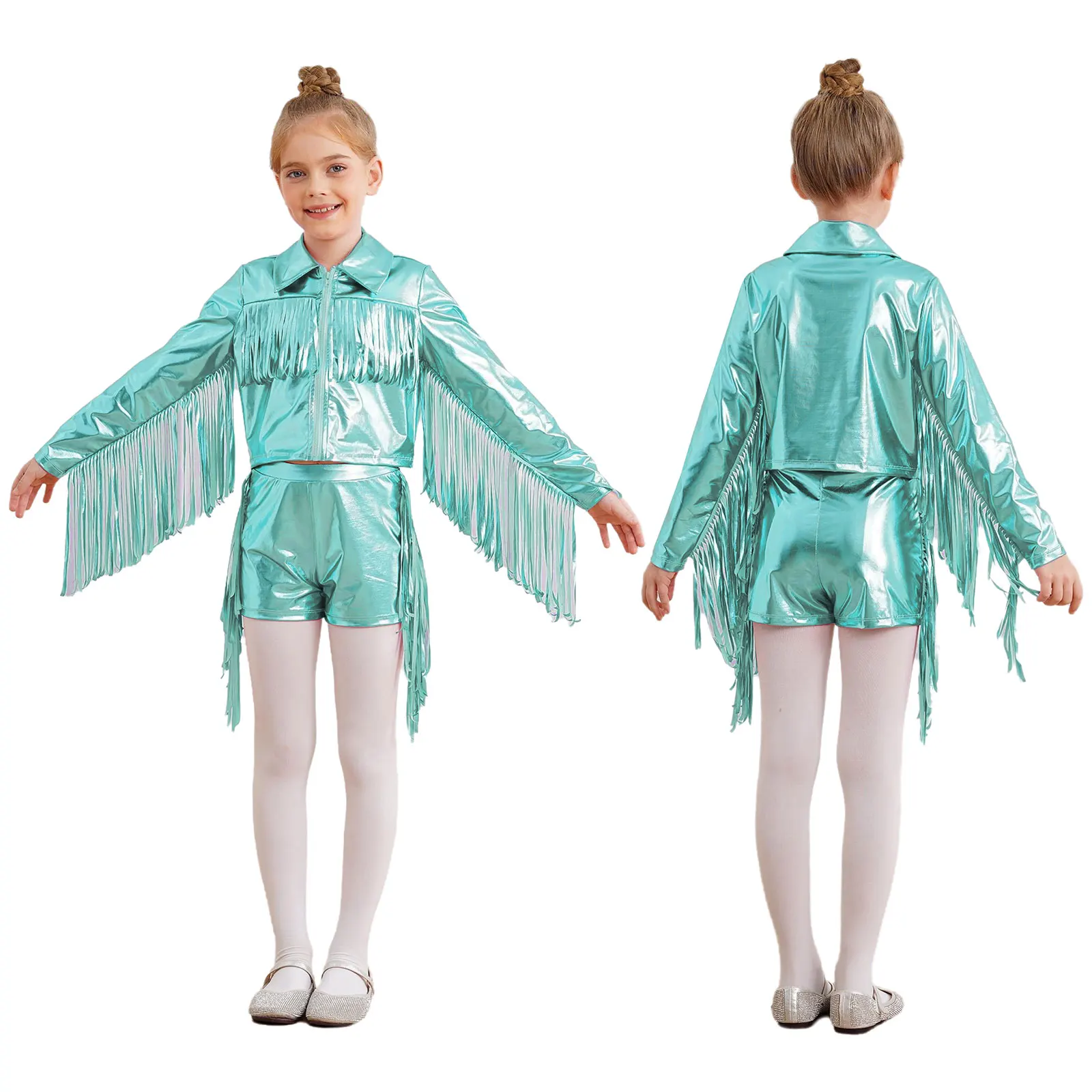 Kids Girls Hip hop Disco Dance Outfit Tassels Metallic Turn-Down Collar Long Sleeve Zipper Fringe Jacket Coat+Shorts Streetwear