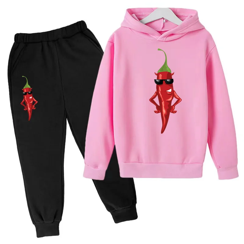 Boys and Girls '2-Piece Cartoon Hoodie e calças conjunto, moletom, Jumper, terno casual, topo, bonito, engraçado, pimenta impressão, crianças, criança, 3-12Y