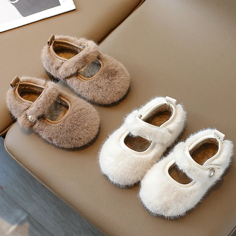 Luxury Manmade Mink Fur Ballet Flats for Baby Girls Winter Warm Loafers Kids Thick Plush Mary Jane Shoe With Rhinestone  Buckles