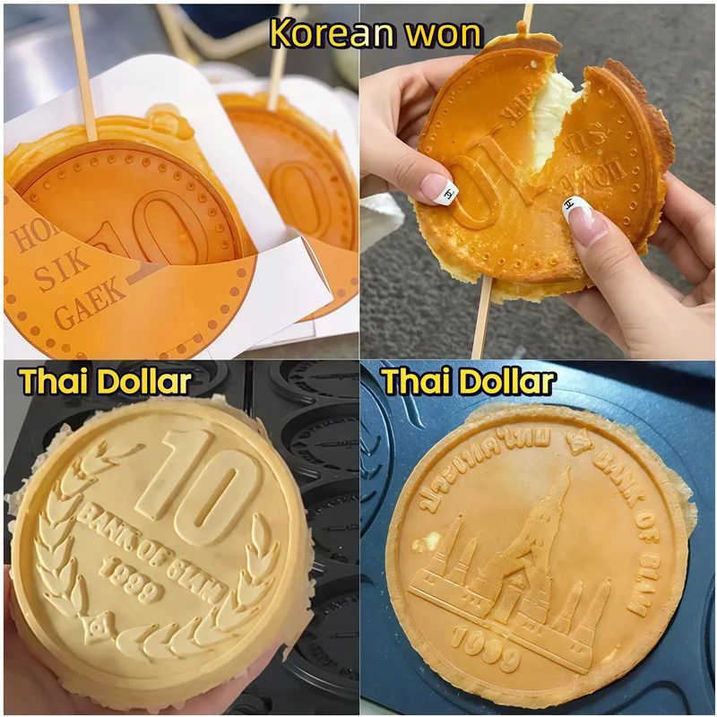 상업용 코인 와플 메이커 한국어 금화 빵 와플 기계 3000W 비 스틱 코팅 전기 스낵 장비 계란 퍼프