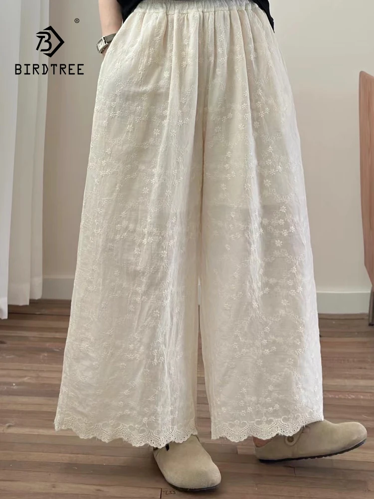 

New 2025 Summer Cotton Wide Leg Pants, Women Elastic Waist Embroidery, Mori Girl French Vintage Casual Loose Trousers B56688CC