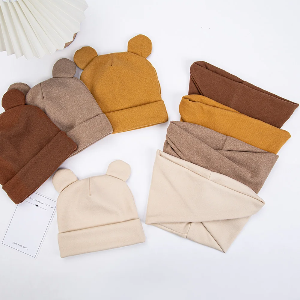 2Pcs/Lot Cute Bear Ear Baby Turban Hats Scarf Newboorn Boys Girls Faux Cashmere Label Caps Beanies Autumn Winter Infant Bonnets