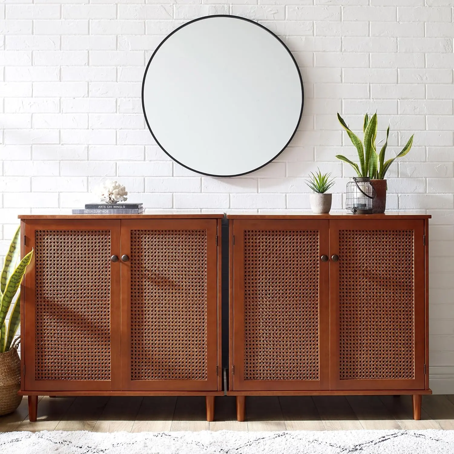 Rattan Sideboard Cabinet With Storage, 2 Door Accent Cabinet For Hallway Entry Living Room, Mahogany, Set Of 2, Customized