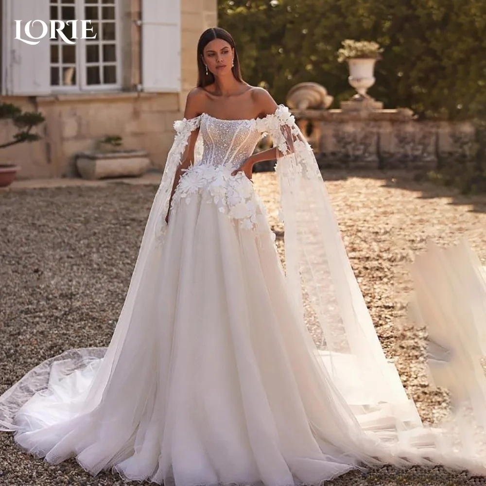 

LORIE Elegant Lace Wedding Dresses Appliques Strapless A-Line Shawl Luxury Cloak Sweetheart Bridal Gown Customized Bride Dresses