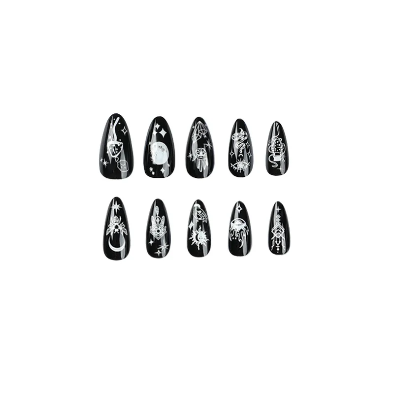 White Stars Moon Snake Bee Totems Doodle Wearable Nail Art Black Long Stiletto Finished False Nails Press on Nails with Glue