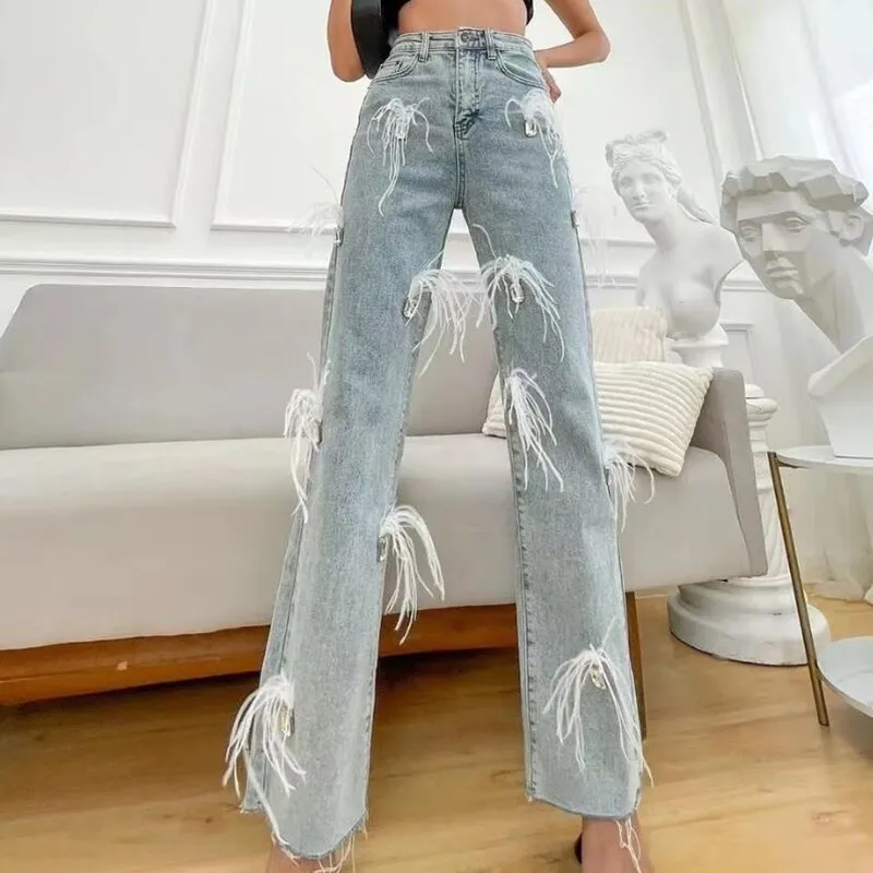 

White Tassel Rhinestone Feather Design Jeans Women High Street High Waist Straight Wide Leg Denim Pants q248