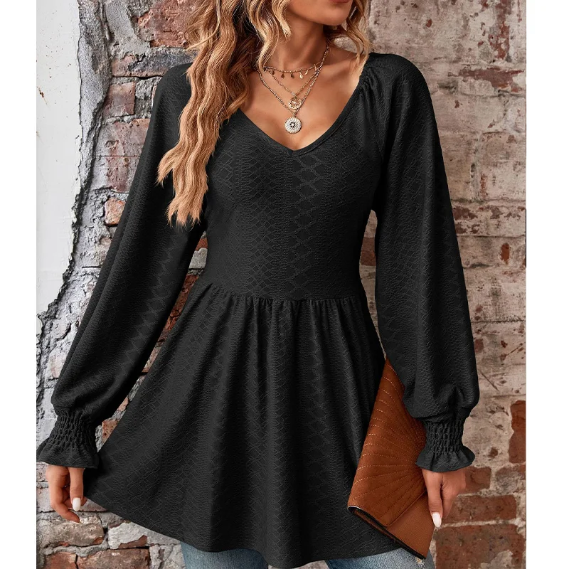 Autumn Elegant Fashion Gentle Aesthetic Minimalist Young Style T-shirt Women V Neck Long Lantern Sleeve Solid Color Folds Top