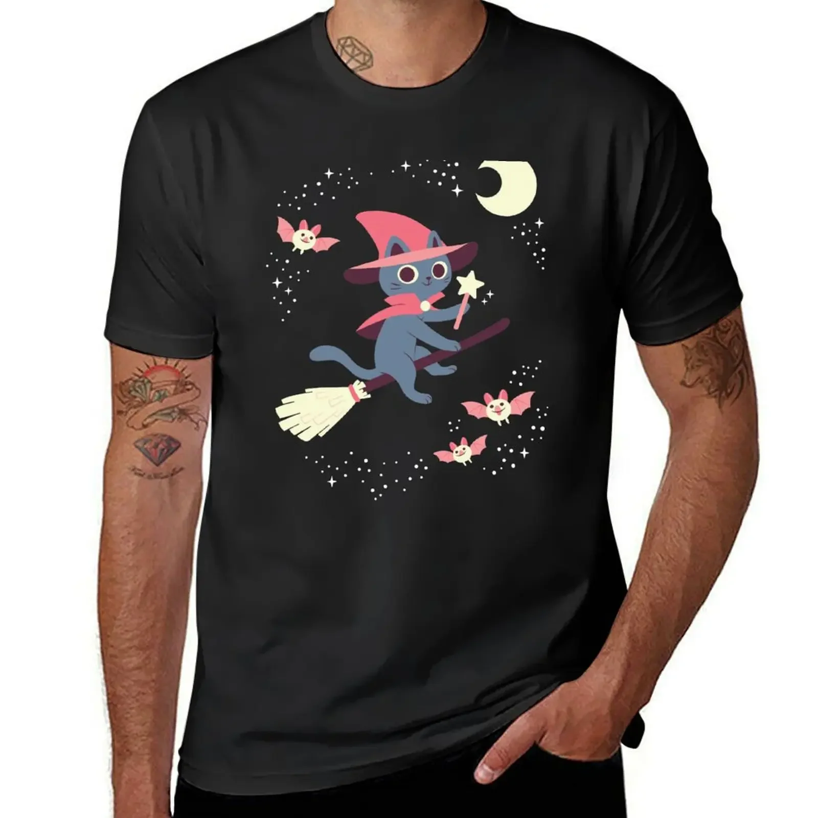 Magical Cat Witch on a Broomstick T-Shirt customizeds designer shirts Men's t shirts