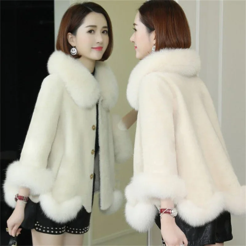 Pop Square Collar Faux Fur Coat Women Particles Imitation Sheep Shearing Coat Female Imitation Fox Fur Collar Fashion Winter Coa