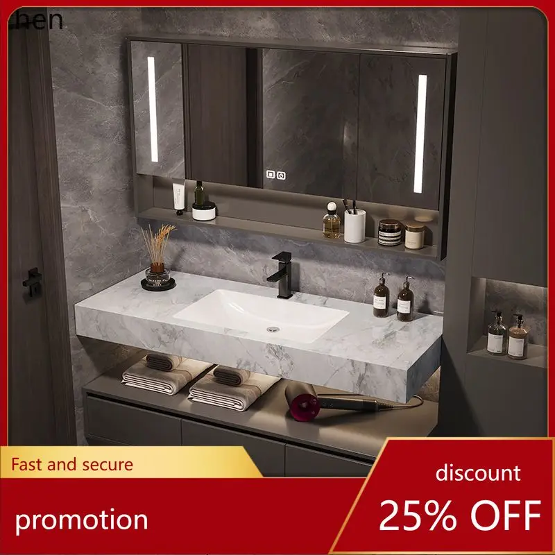 

CZ Rock Slab Smart Bathroom Cabinet Set Double Layer Wash Basin Integrated Ceramic
