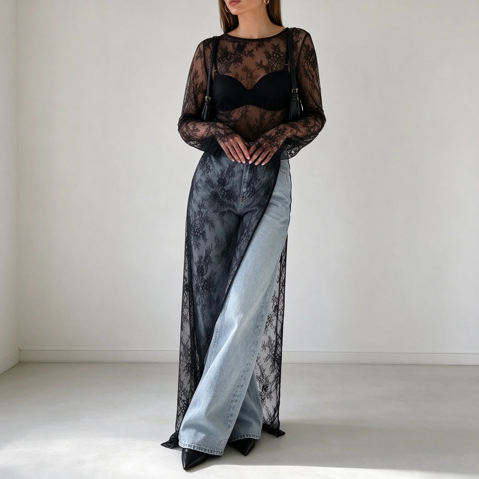 Chic Sexy Sheer Lace Maxi Dress Women Summer Round Neck Long Sleeve Asymmetric Split Slim Black Mesh Cover-up Dress