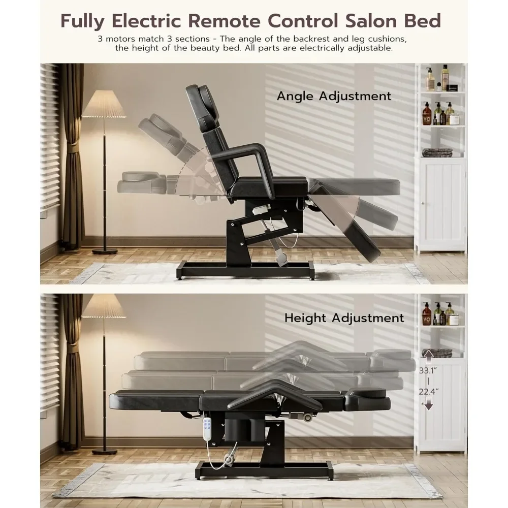 Fully Electric Tattoo Bed Esthetician Spa Chair with 3 Motor,Remote Control Height and Angle Facial Bed, 4 Section Massage Table