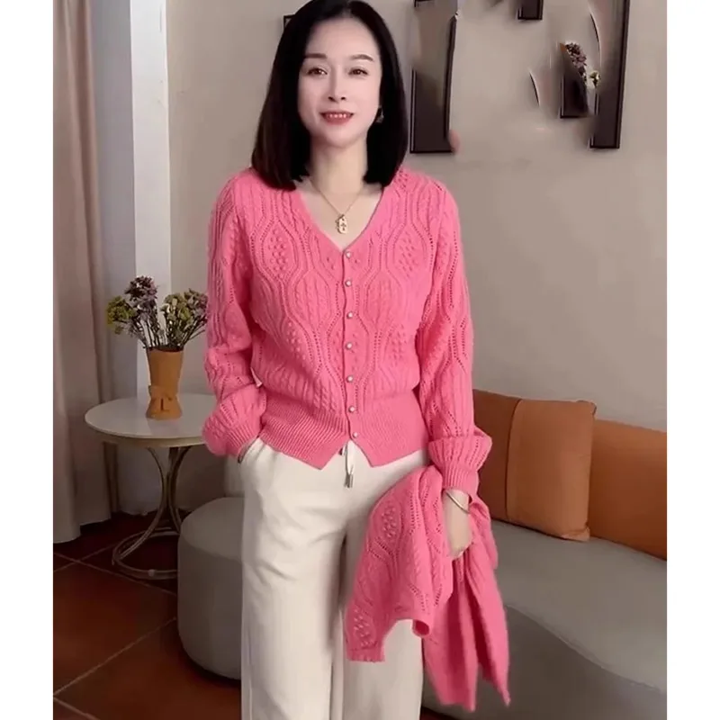 

Female Long Sleeves Knitwear Tops Spring Autumn Ladies V-neck Large Size Knitted Cardigan Sweater Women Loose Lantern Sweater