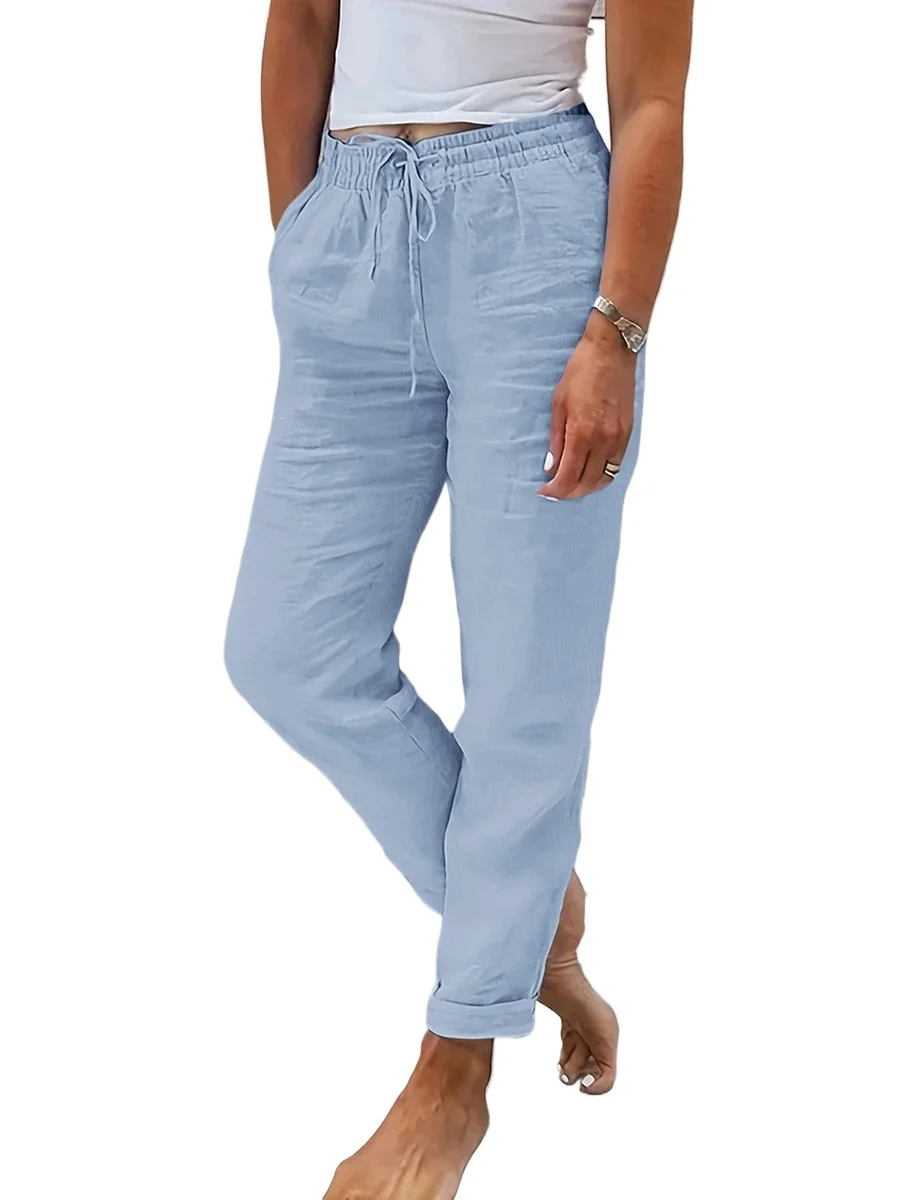 New Women Washed Crinkle Pants Summer Autumn Casual Loose Elastic High Waist Drawstring Trousers Solid Color with Pockets