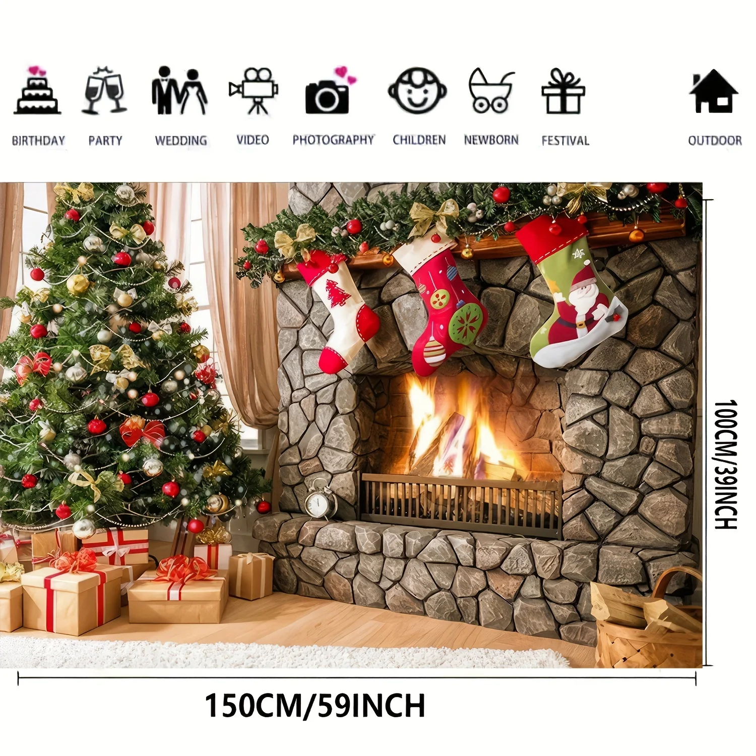 150 * 100cm Christmas tree fireplace gift box Christmas socks themed party decoration background wall