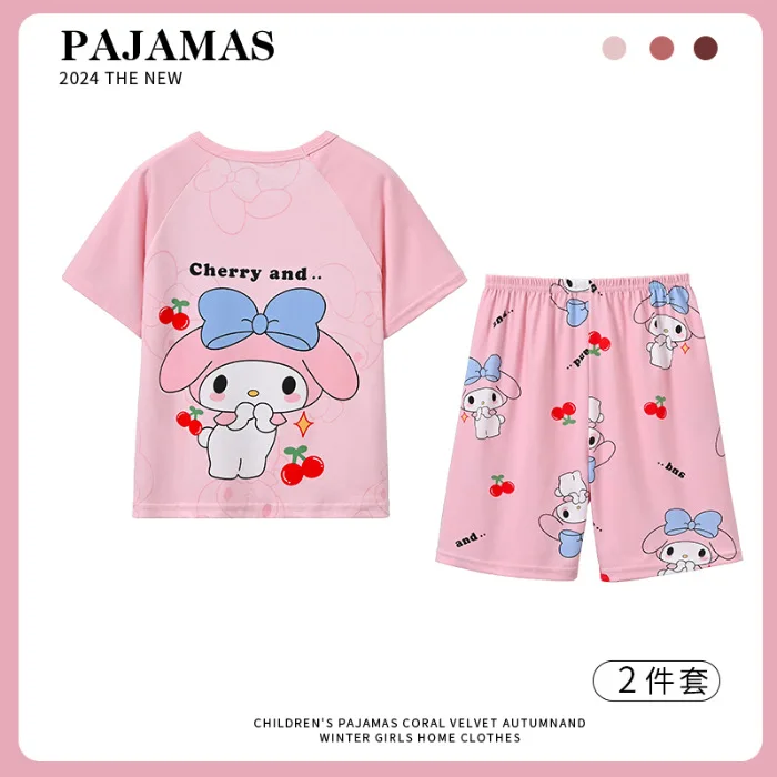 2024 Hello Kitty Sanrio Pompompurin Children Pajamas Kawaii Anime Cinnamoroll My Melody Short Sleeve Girls Heart Summer Kid Gift