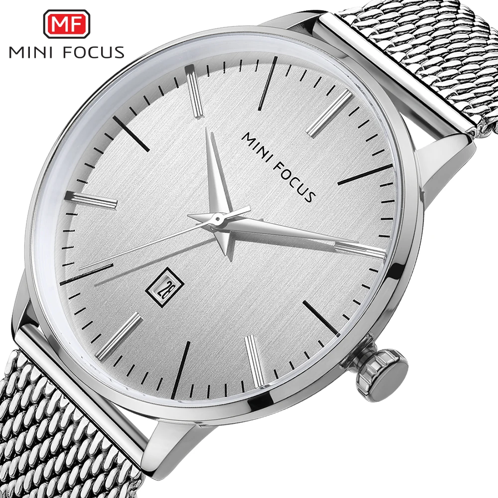 MINI FOCUS Minimalist Business Quartz Watch for Men Fashion Calendar Window Luxury Watches Mesh Stainless Steel Strap Clock 0115