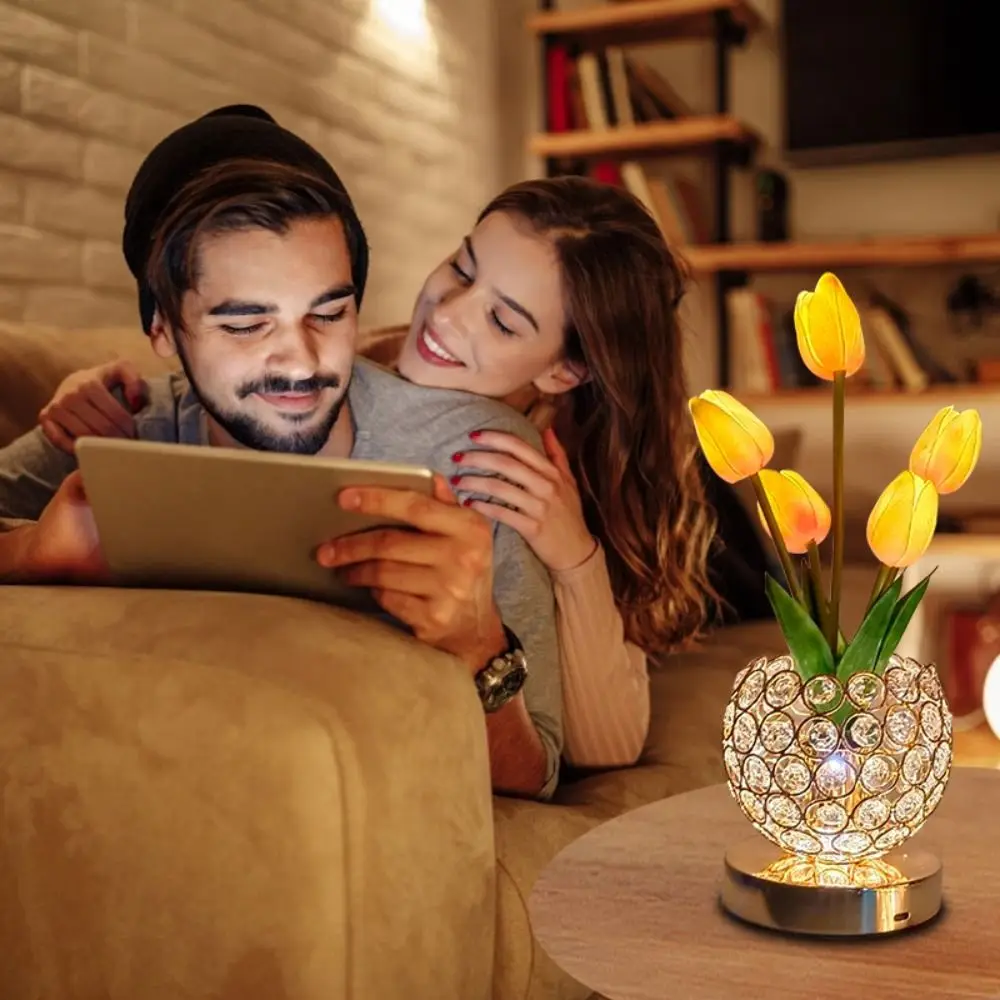 

3 Color Tulip Crystal Flower Lamps USB Charge Infinitely Dimming Desk Lamp Tulip Warm Light Flower Light Reading Light