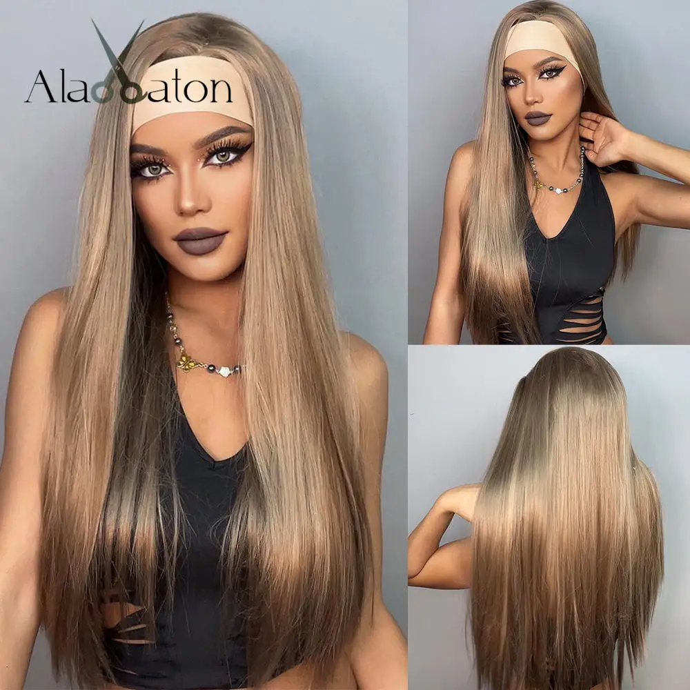 ALAN EATON Long Straight Brown Blonde Synthetic Headband Wigs for Black Women Golden Hair Wigs Daily Cosplay Use Heat Resistant