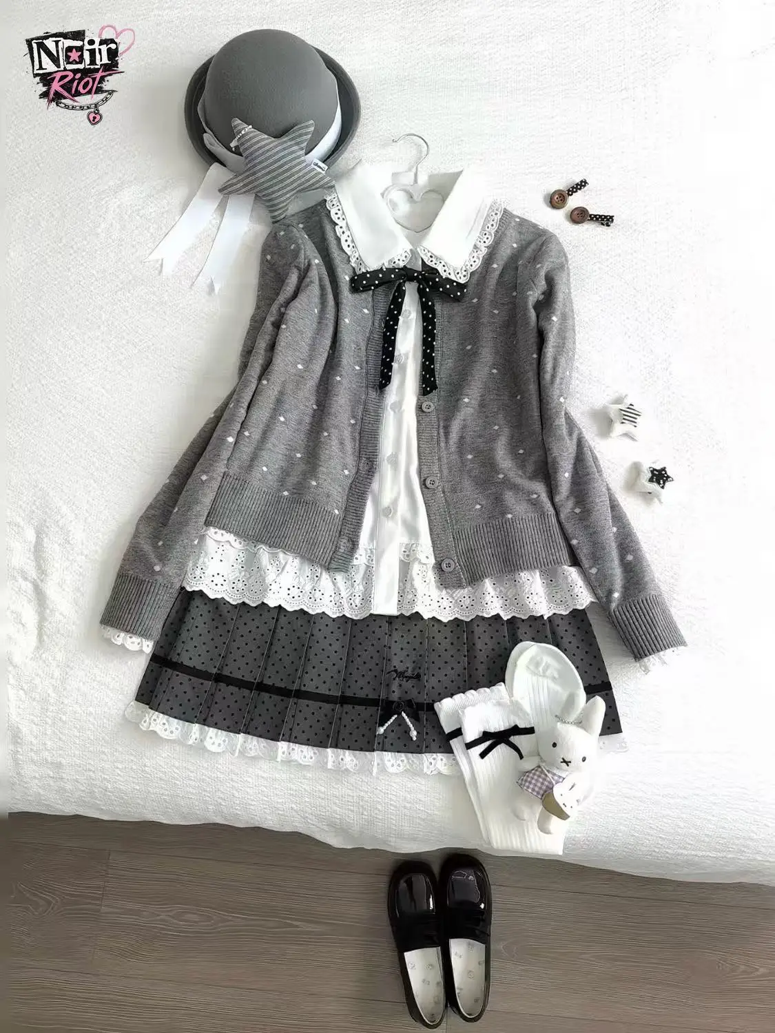 Japanese Vintage Sweet Kawaii 2 Piece Set Women Lace Bow Collar Shirt Knit Cardigan High Waist Polka Dot Pleated Skirt Slim Fit