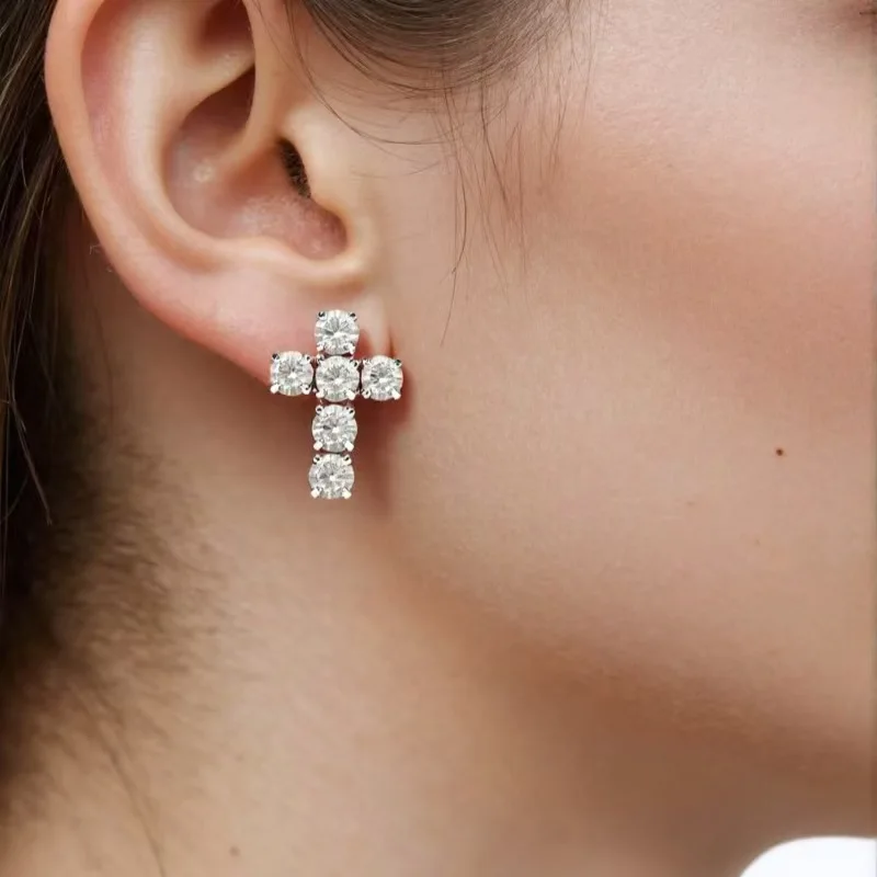 European and American new full diamond cross earrings with personality, small and compact earrings, simple and versatile rhinest