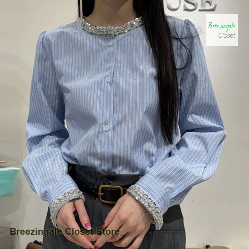 

French sequins luxury blue diamond-encrusted shirt top early spring new cardigan Joker loose age-reducing temperament shirt.