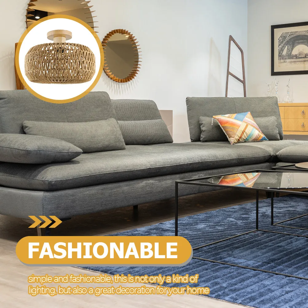 

Retro Ceiling Light Rustic Paper Rope Weaving Flush Mount Light Fixture Compatible E26 E27 Living Room Kitchen Lamp