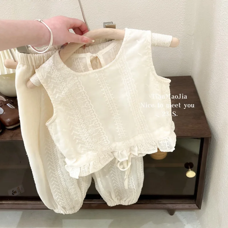 Korean Children's Clothing2024Summer Thin Girls' Fashionable Embroidery Lace Vest Ankle Banded Pants Anti Mosquito Pants Two-Pie