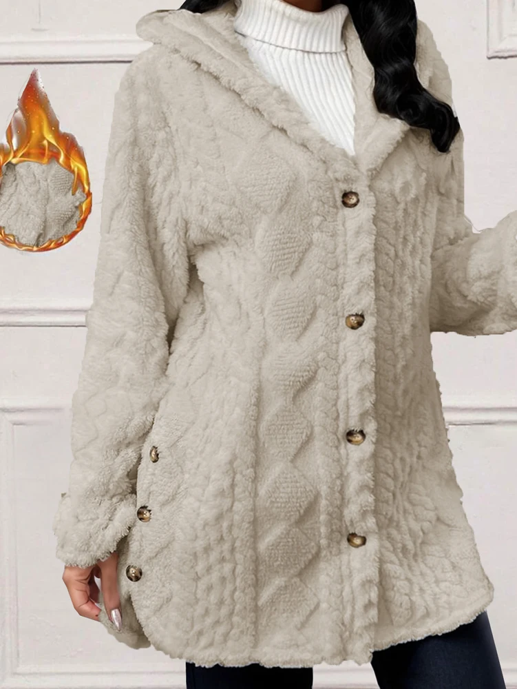 Plus Size Autumn and Winter Faux Fur Coat Plush Button Cardigan Hooded Sweater Pure Colour Autumn and Winter Warmth