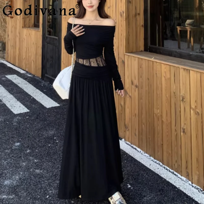 

Autumn Winter Large Size Sexy Slash Neck Hollow Lace Dress Elegant Girl High Waist Black Fashion Long Sleeve Korean Dresses