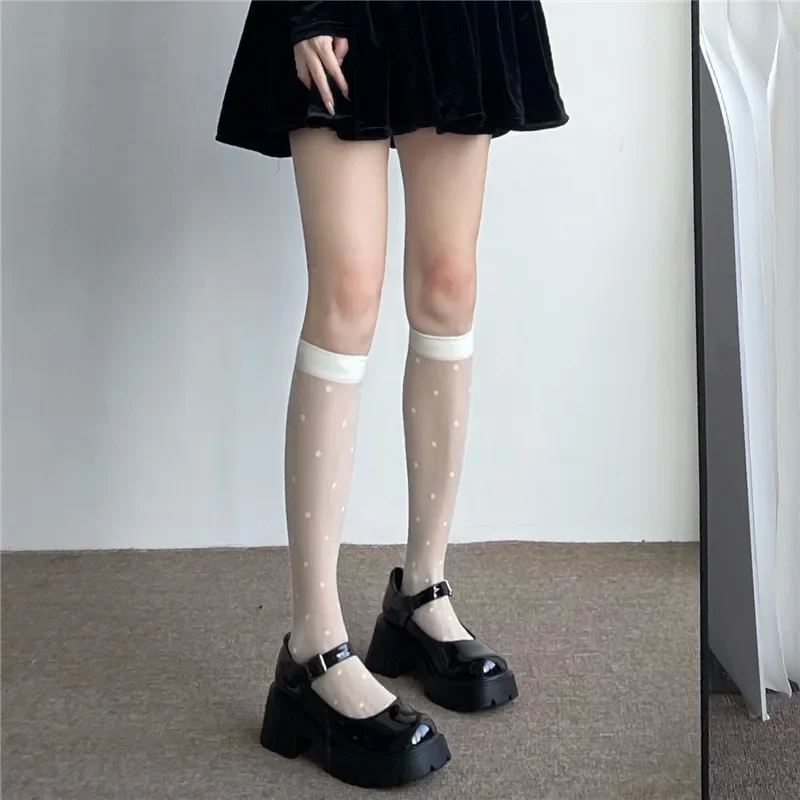 

Новые ультратонкие нейлоновые длинные носки в японском стиле, сексуальные сетчатые чулки в горошек, высокоэластичные прозрачные летние чулки выше колена