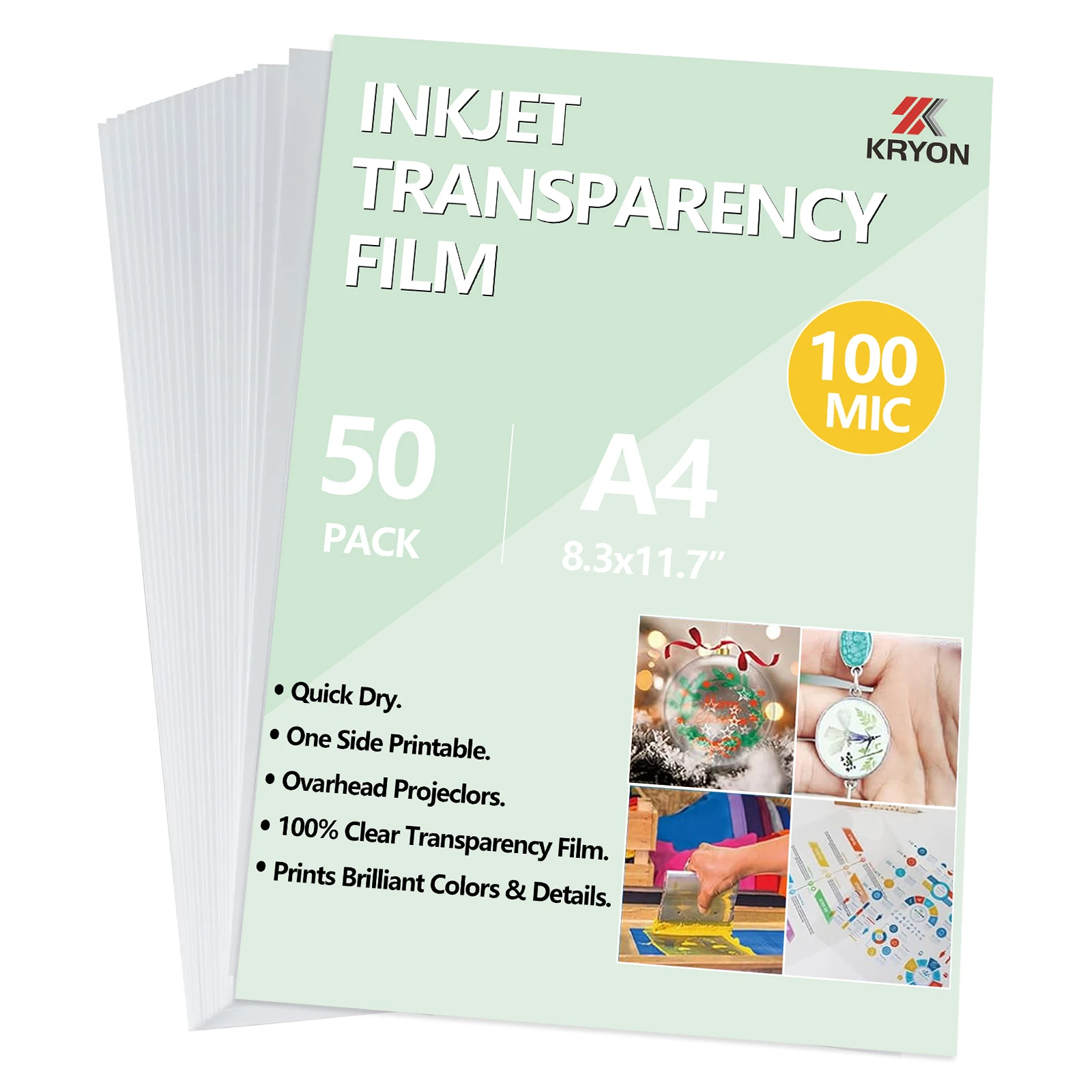 

50 листов прозрачной пленки формата А4 (8,3 x 11,7 дюймов), 100% прозрачные листы для струйных принтеров