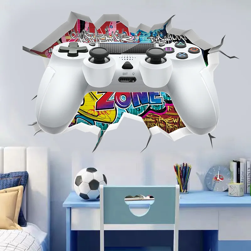 Cool Game Console Broken Wall Hole Art Vinyl Mural Stickers for Home Kids Bedroom Play Room Gamer Zone Internet Cafe Decorations