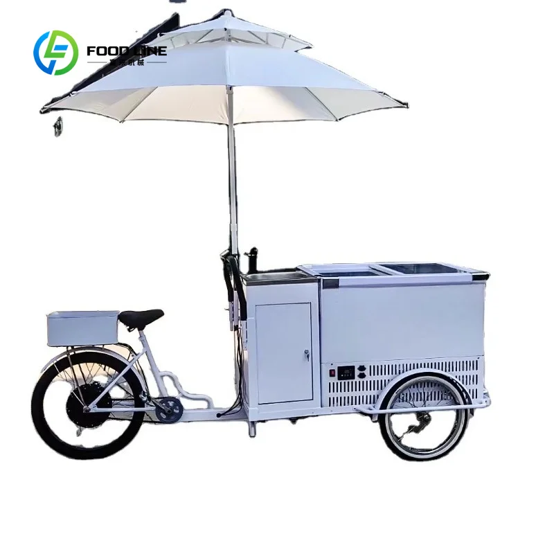 Customized Electric Steel Design Flower Display Bicycle Mobile Food Cart Hand Push Ice Cream Refrigerator Snack
