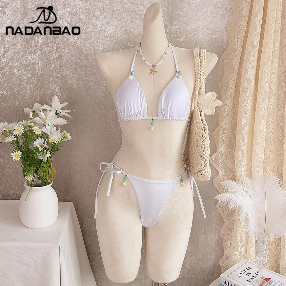 Nadanbao Sexy White Bikini for Women Fashion Shell Strap Swimsuit Casual Halter Bathing Suit Ladies Summer Holiday Beach Suit