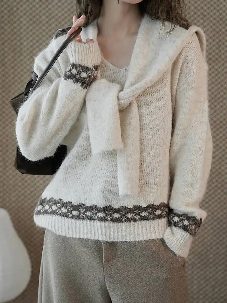 

Apricot With Scarf Big Size Sweater Round Neck Long Sleeve Women Pullovers New Fashion Tide Spring Autumn