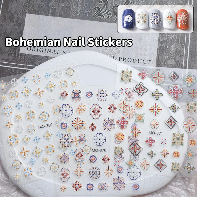 Vintage Colored Pattern Totem Stamp Bohemian Style Retro Soft Embossed Reliefs Self Adhesive Nail Art Stickers Manicure Decals