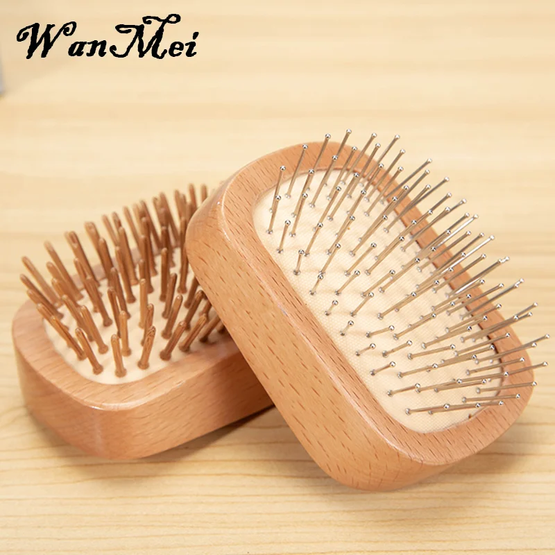 1pcs Small Beech Wood Hair Comb Airbag Head Detangled Massage Wood Steel Needle for Scalp Portable Hair Care Anti Static Comb