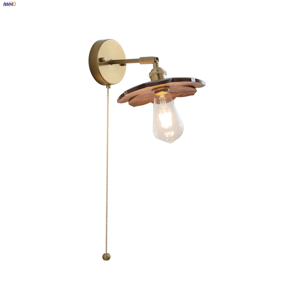 

IWHD Up Down Rotate LED Wall Light Fixture Bedroom Aisle Hallway Walnut Wood Pull Chain Switch Copper Socket Bedside Lamp Sconce