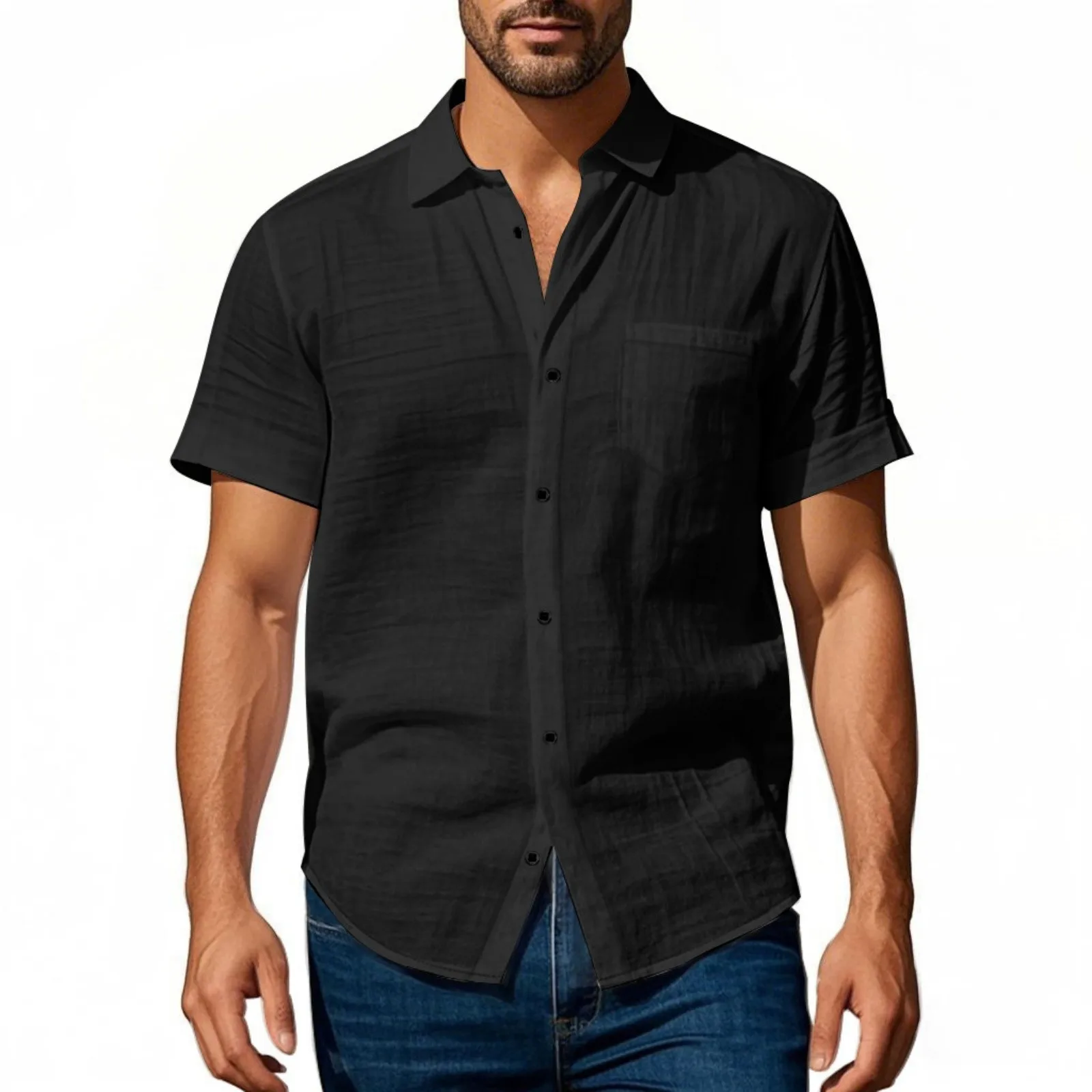 

Casual Shirts For Man Linen Lapel Short-Sleeved Shirt Breathable Loose Shirt With Pocket Men'S Clothing Solid Color Polo Shirt