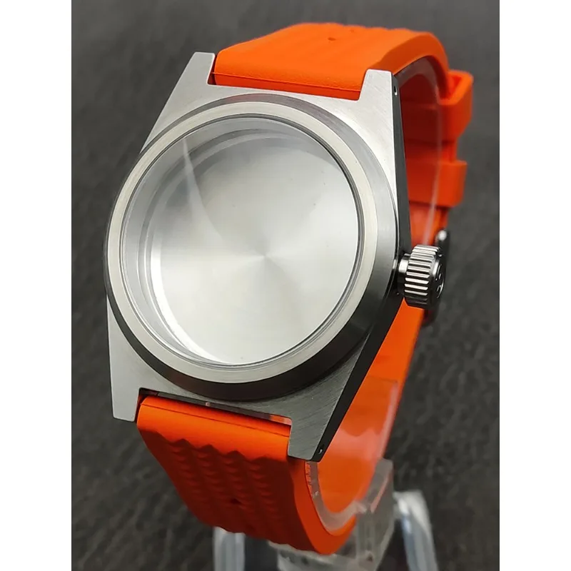 38MM Men's Watch Case for NH35 Movement Brushed Orange Silicone Strap Sapphire Mirror