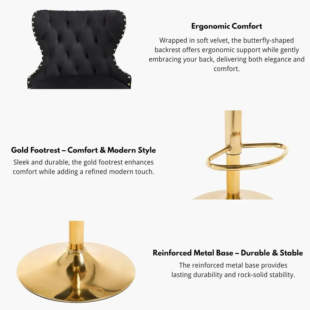 Пара вращающихся барных стульев с бархатным покрытием, золотыми ножками, отделкой в виде гвоздя и подставкой для ног для кухонного острова, домашнего бара, столовой,