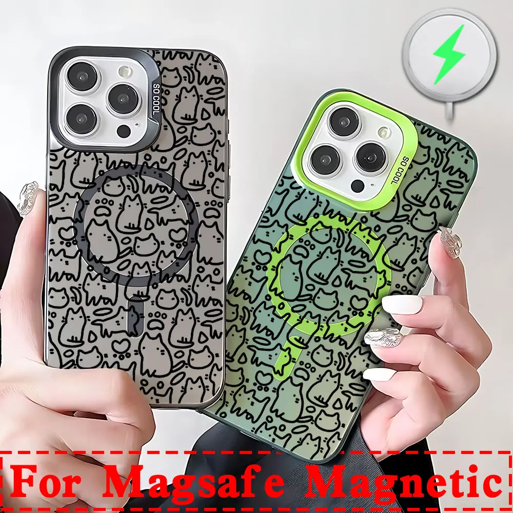 Cute Black Cat Full Screen Kitten Magsafe Magnetic Phone Case for IPhone 11 12 13 14 15 16 Pro Max Plus Silver Plated Cover