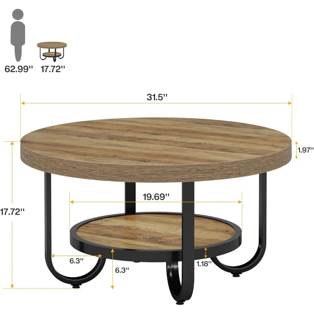 Современный двухуровневый круглый деревянный журнальный столик с полкой для хранения и металлическим каркасом, акцентный столик в стиле фермерского дома 31,5
