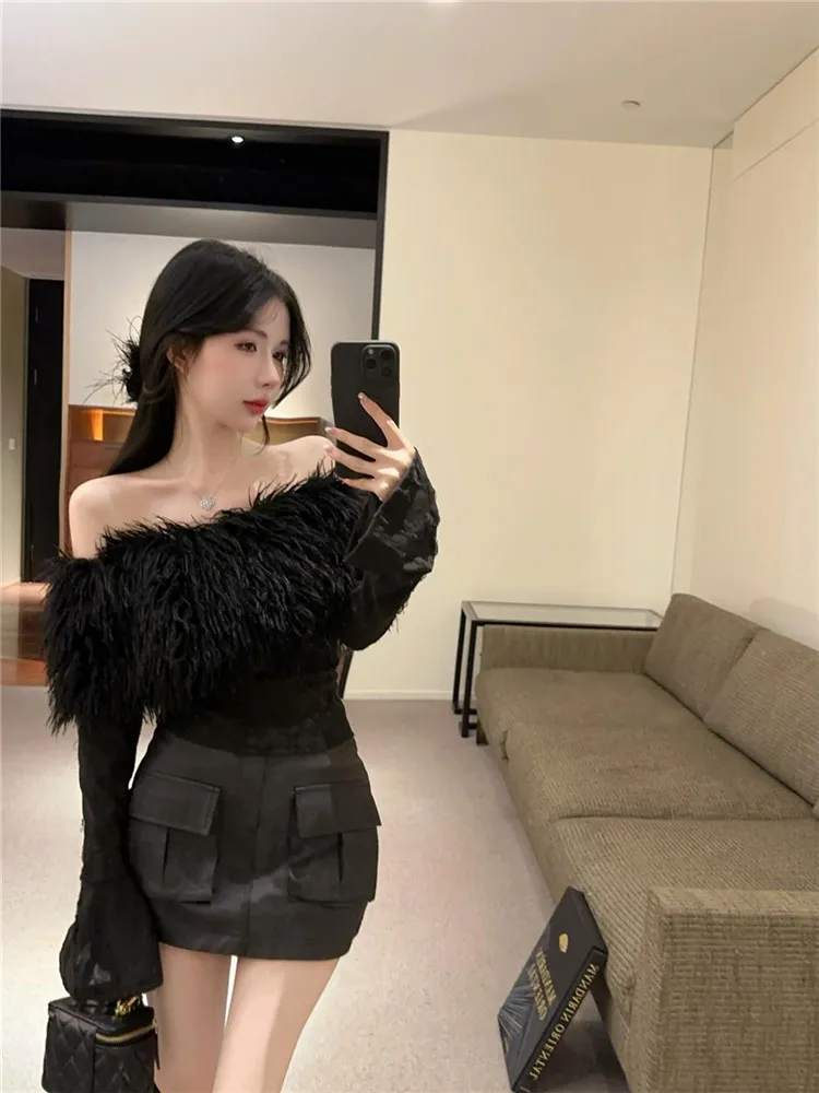 أسود كاكي الفراء المرقعة مائل الرقبة سليم تي شيرت 2025 خريف جديد شيك مضيئة كم علوي قبالة الكتف كم طويل قاع قميص #3